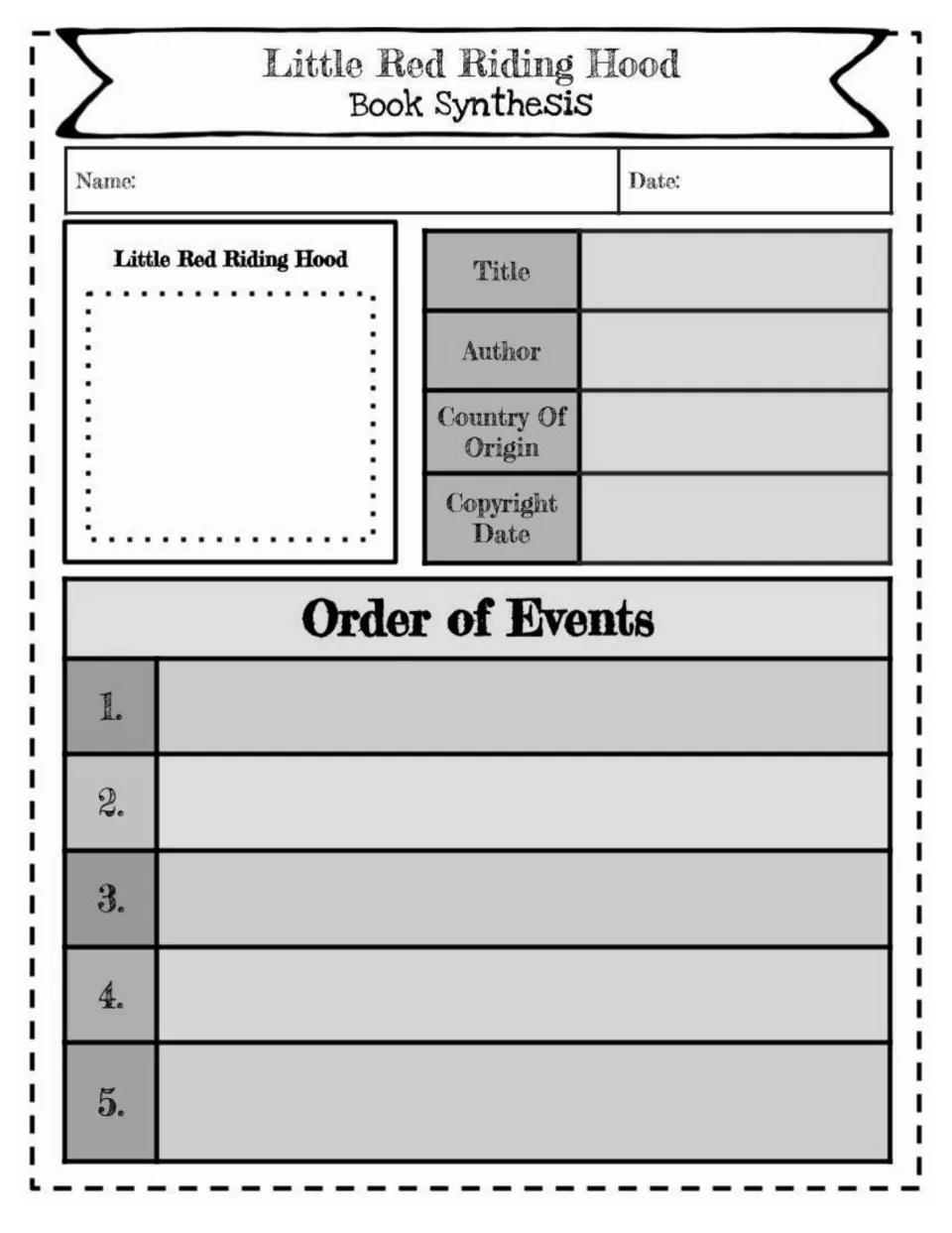 Grayscale book synthesis sheet: students sketch, note title, author, origin and copyright date, and order five events