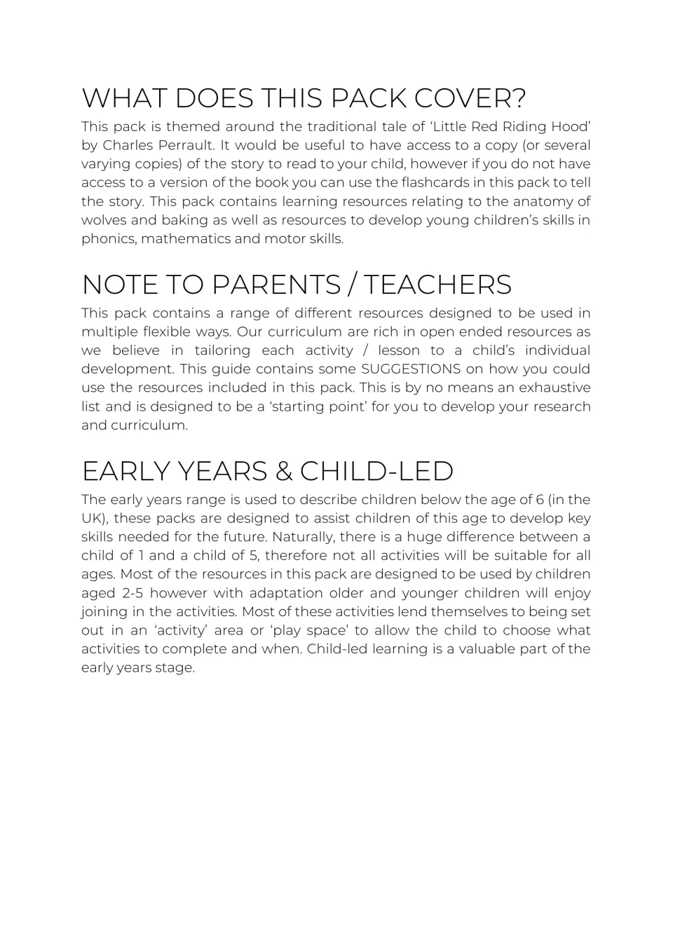 Pack overview: Perrault tale theme with wolf anatomy, baking, phonics and maths; notes on child-led play for ages 2-5