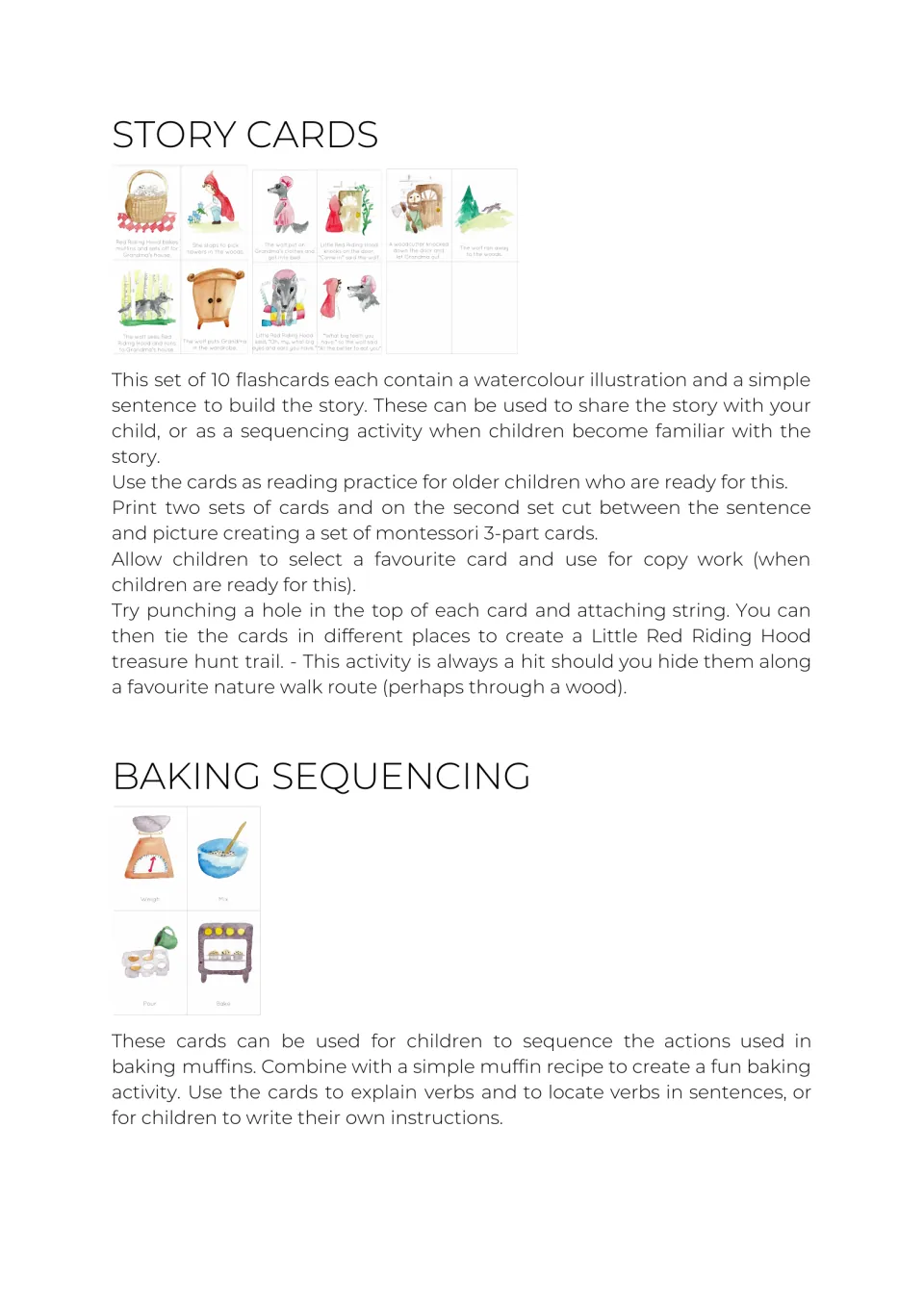 Story cards and baking sequencing: children retell the tale with 10 picture cards, then order weigh, mix, pour and bake