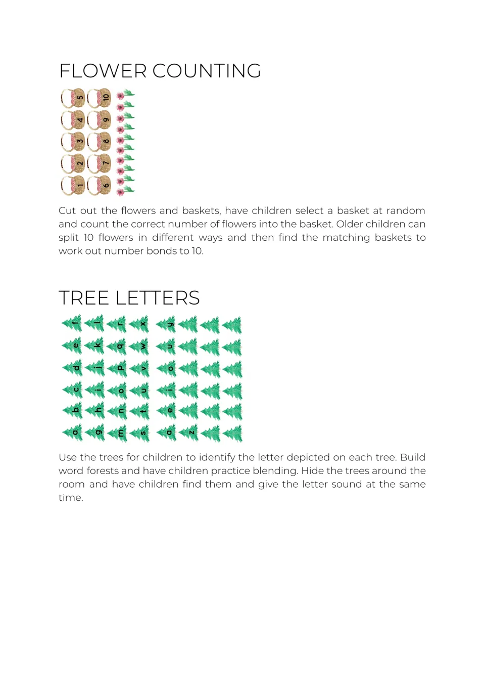 Flower counting and tree letters: children count flowers into baskets numbered 1-10 and name the letter on each tree