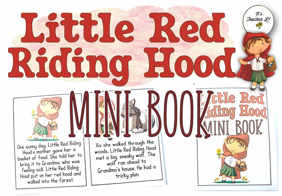Little Red Riding Hood mini book cover showing the girl in her red hood with a basket and sample story pages in color