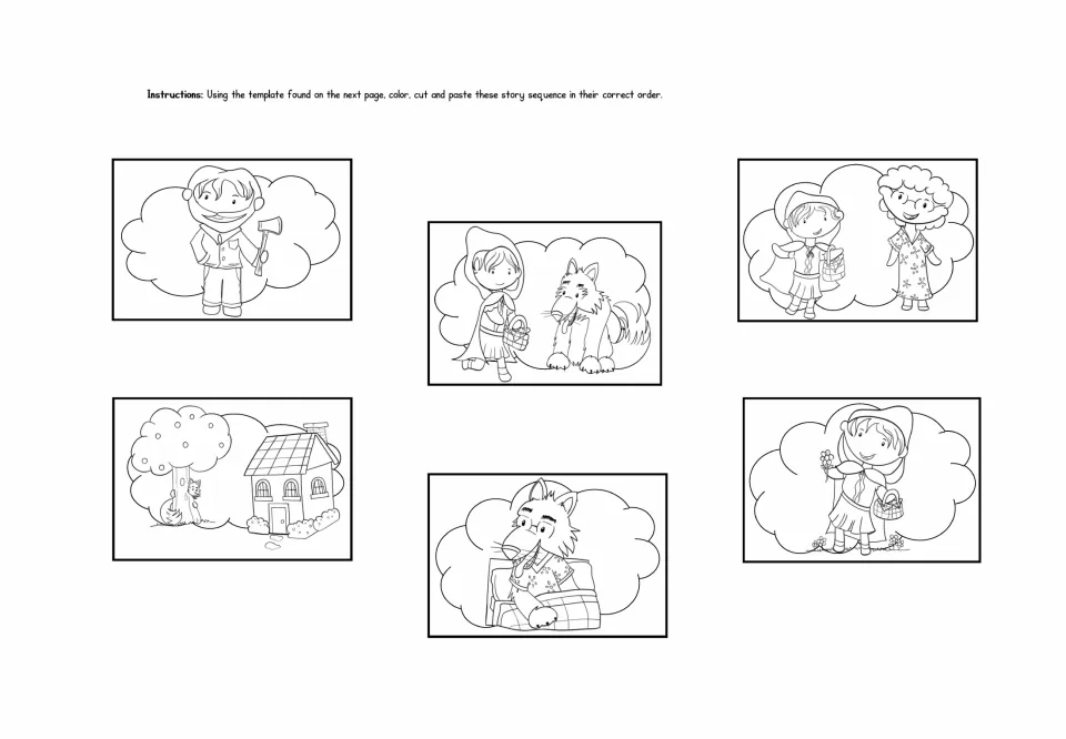 Six sequencing cutouts show the girl, wolf encounter, Grandma's house, disguised wolf, rescue, and reunion