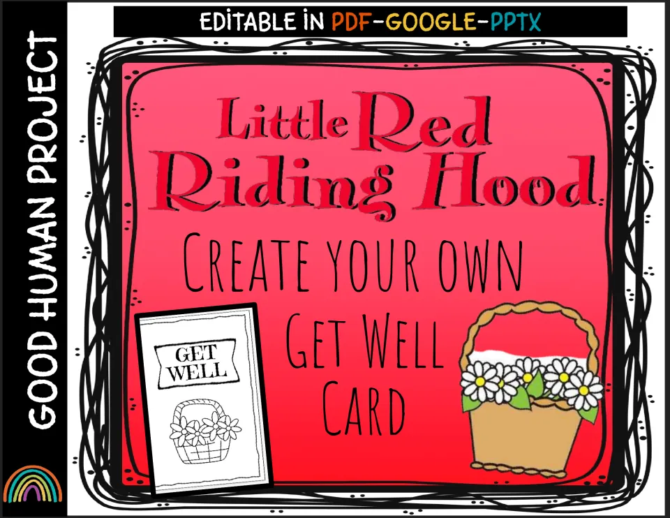 Little Red Riding Hood cover: create your own Get Well card, with a flower basket card front; editable in PDF, Google, PPTX