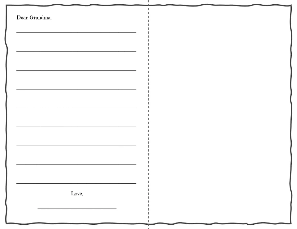 Card inside for letter writing: students write a get-well message beginning 'Dear Grandma,' and sign it after 'Love,'