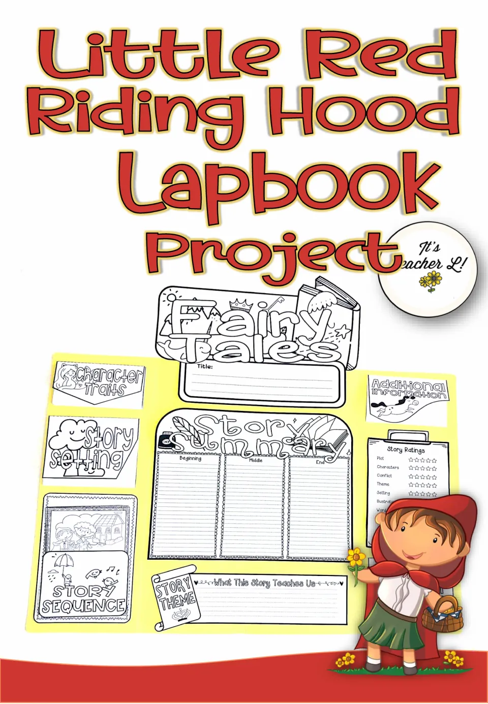 Little Red Riding Hood lapbook cover showing a sample folder with story summary, sequence, setting and theme parts