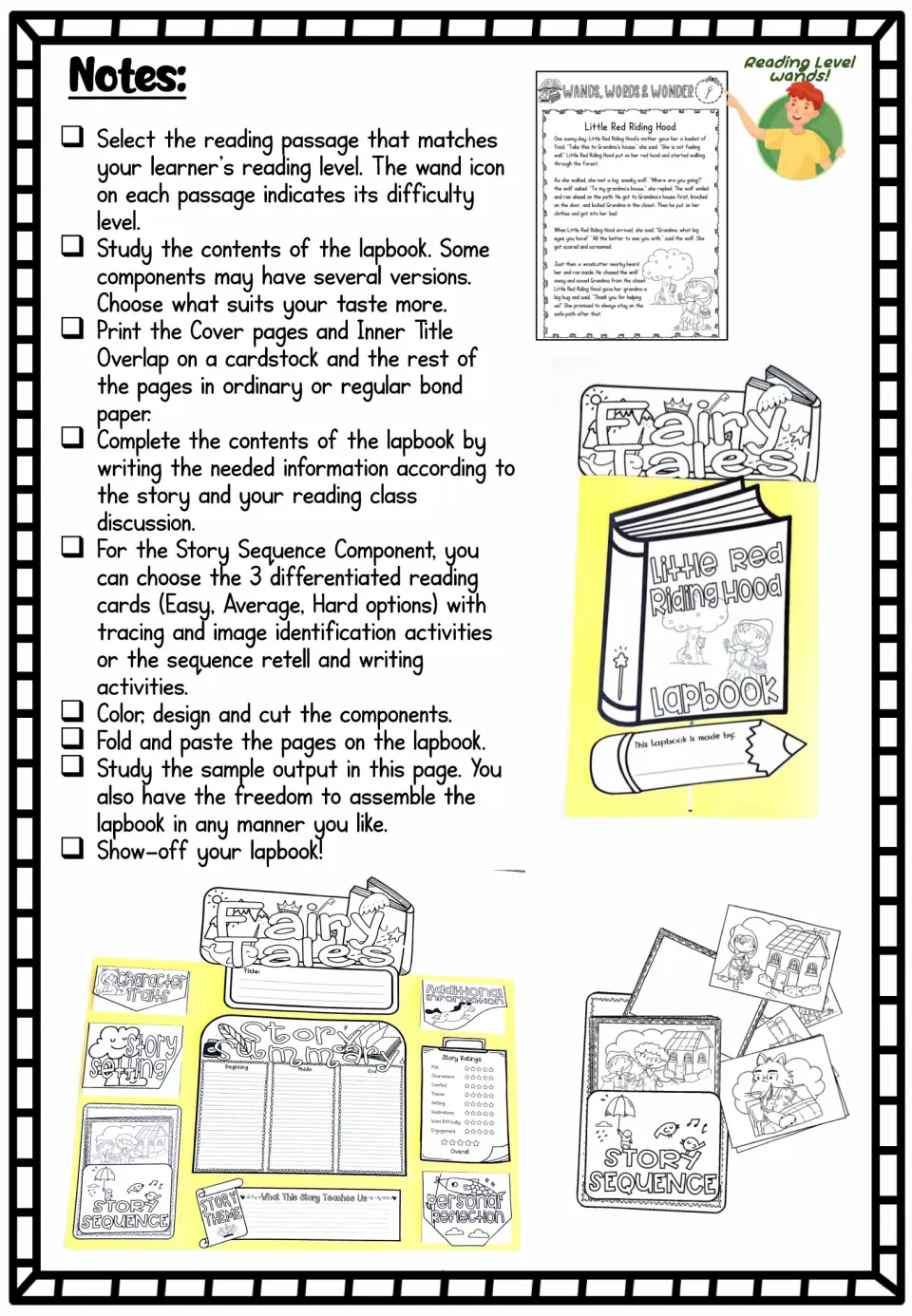 Lapbook notes: steps to pick a leveled passage, print, color, cut, fold and paste parts, plus a finished sample