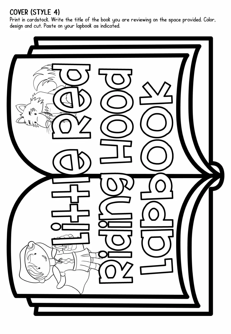 Lapbook cover style 4: open book with a sideways title, Little Red Riding Hood on one page and the wolf on the other
