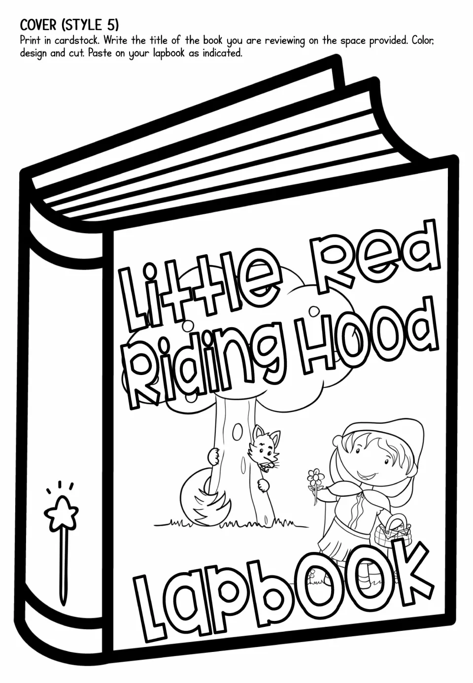 Lapbook cover style 5: closed book with the wolf peeking from behind a tree as Little Red Riding Hood walks by