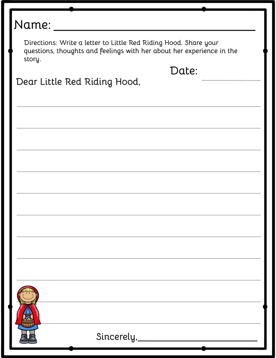 Letter to Red Riding Hood: students share questions, thoughts and feelings about her experience in the story