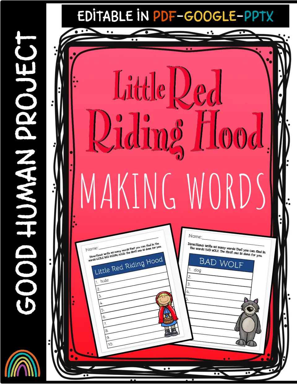 Cover for a Red Riding Hood making words set, editable in PDF, Google and PPTX, showing two sample word lists