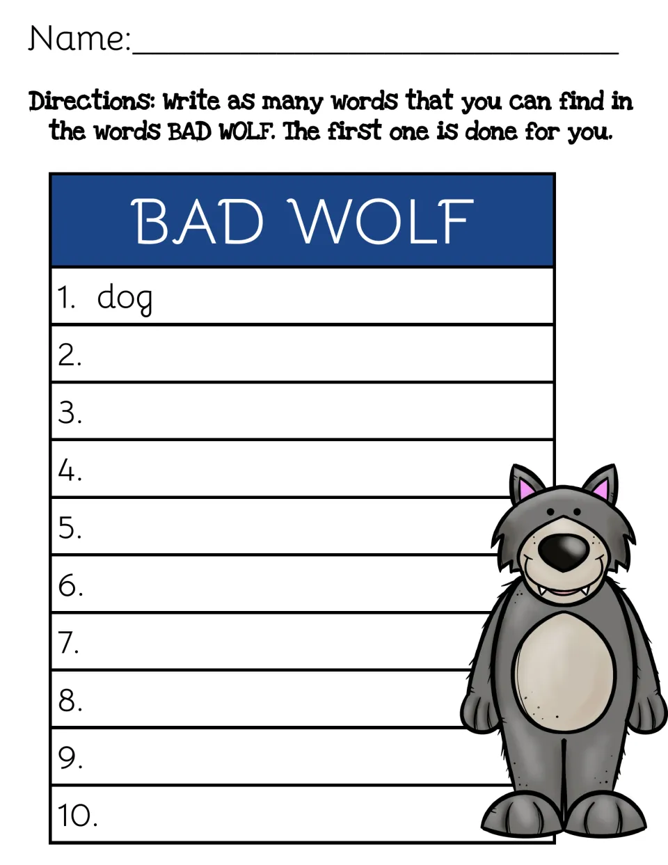 Making words from BAD WOLF: students write up to 10 words using the letters in the phrase, with dog shown as the example