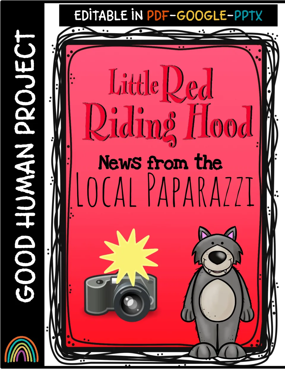 Cover: Little Red Riding Hood News from the Local Paparazzi, editable in PDF, Google and PPTX, with a camera and the wolf