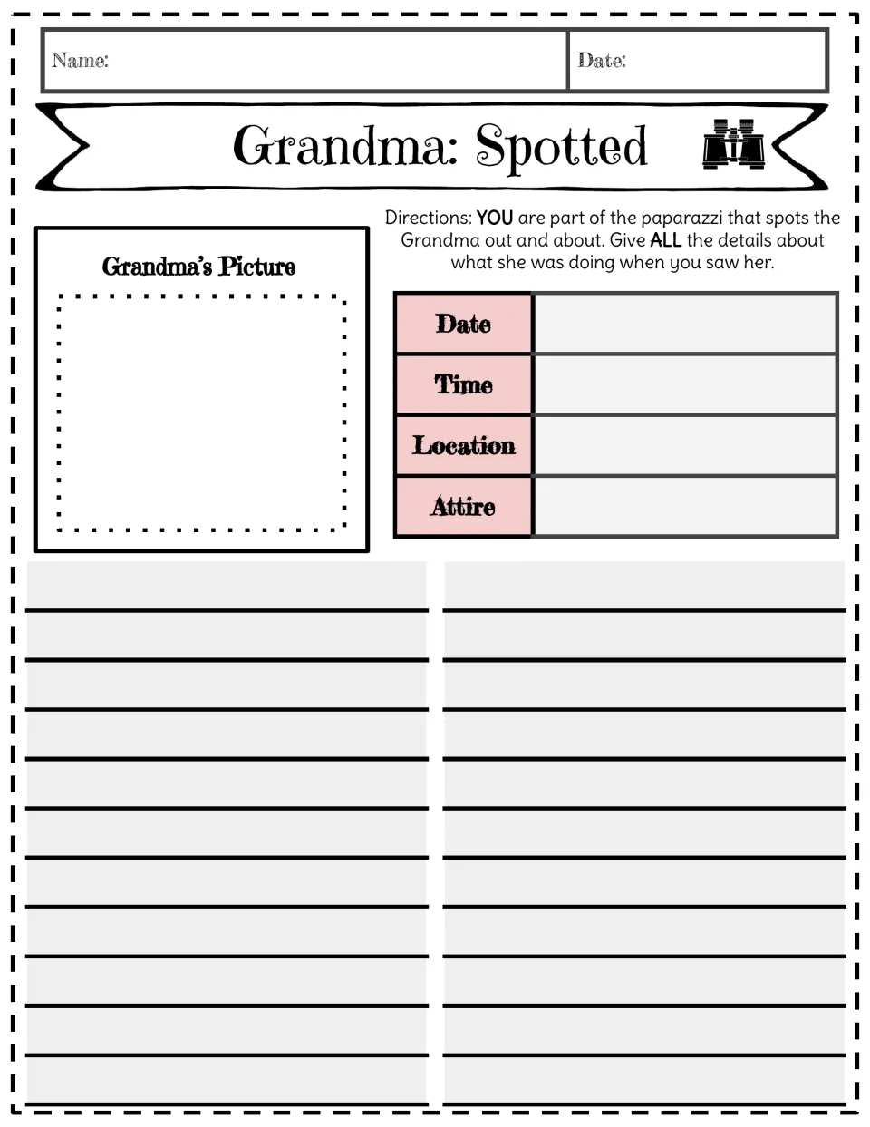 Grandma: Spotted: students illustrate Grandma, fill in date, time, location and attire, and write a news report on her day