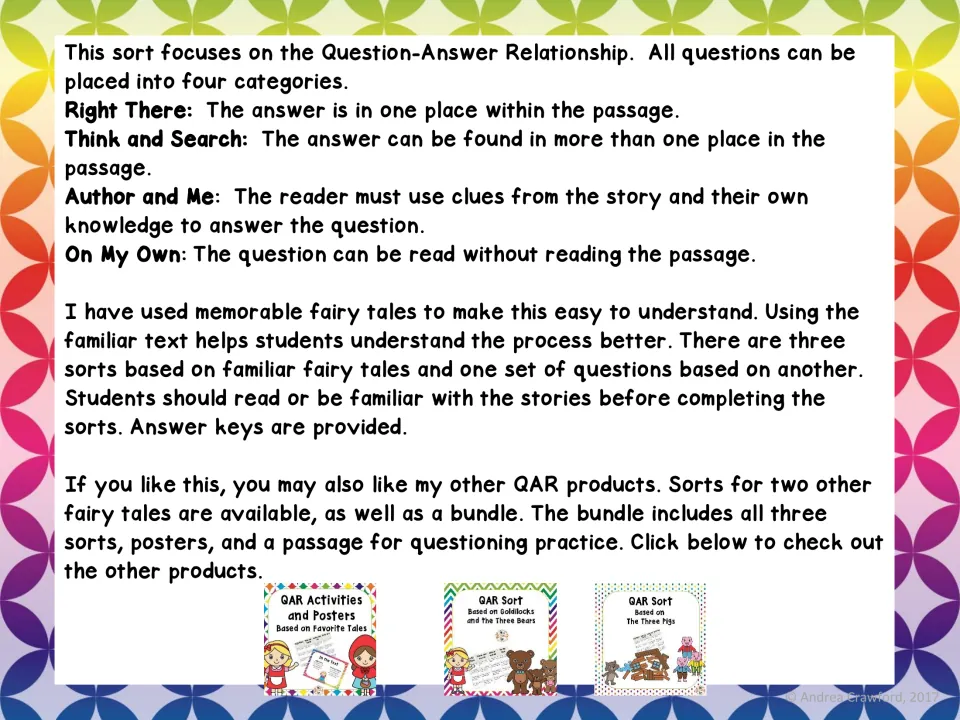 Teacher notes defining the four QAR categories: Right There, Think and Search, Author and Me, and On My Own