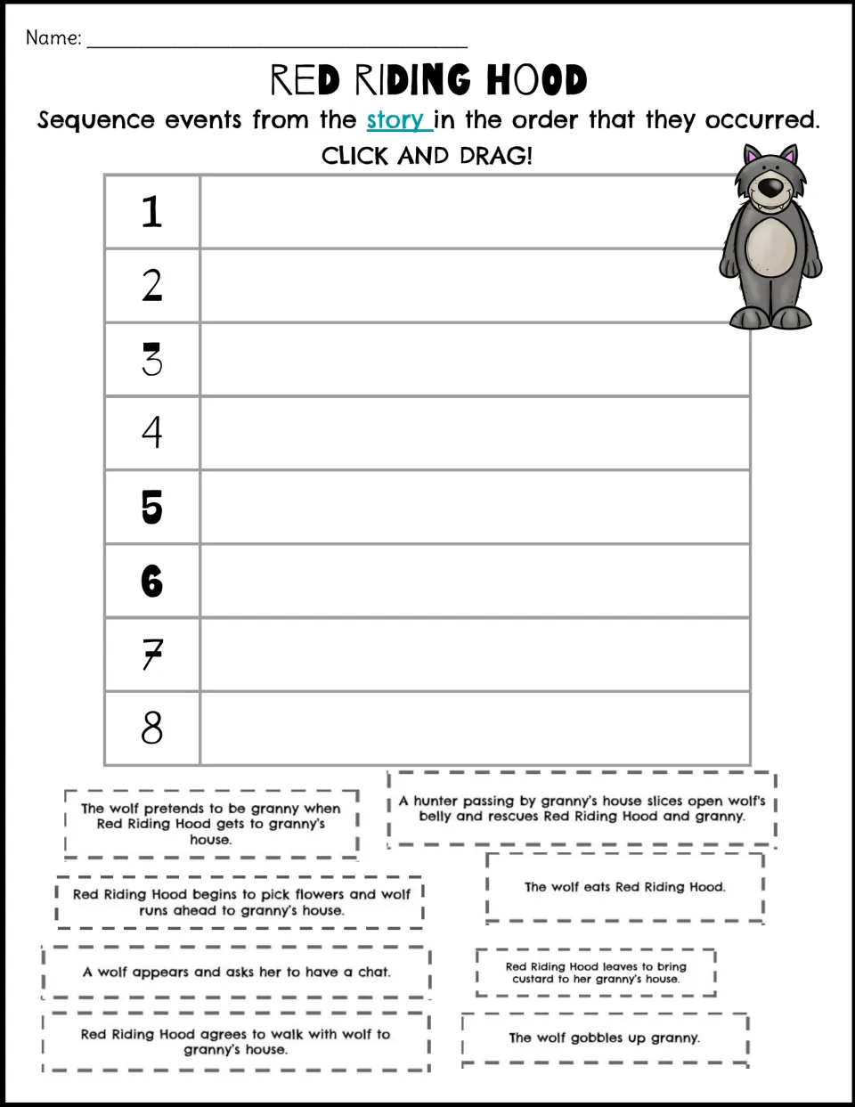 Red Riding Hood story sequencing: students click and drag 8 event strips, from custard delivery to hunter rescue, into order