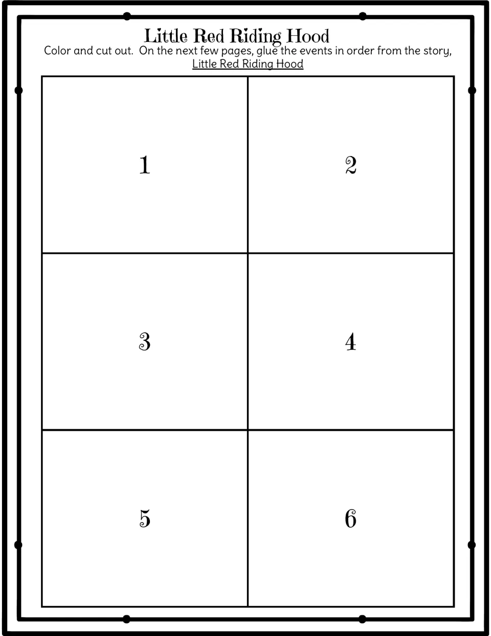 Picture sequencing mat: students glue the 6 colored story scenes into spaces numbered 1 to 6 in the order they happen