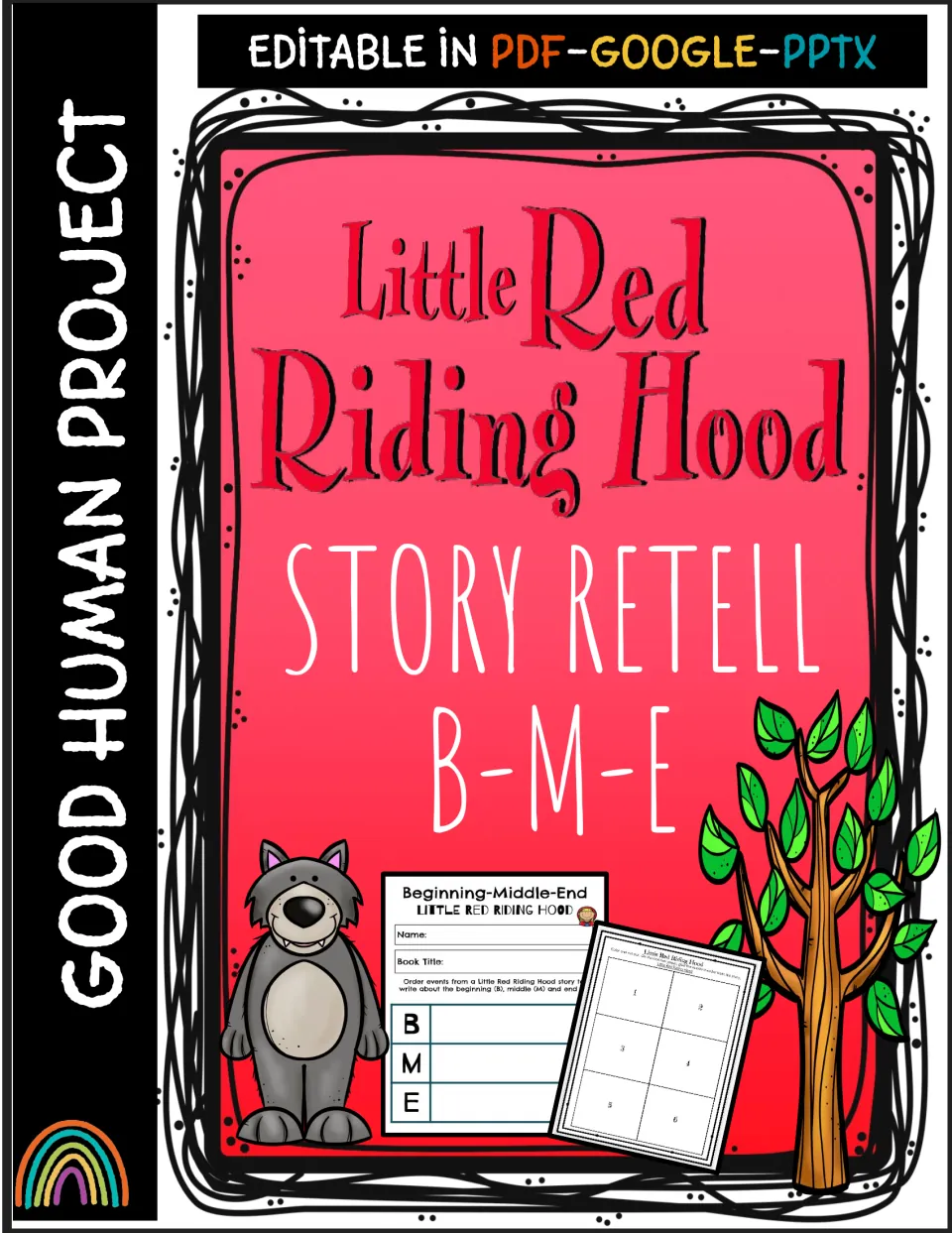 Red Riding Hood story retell cover: B-M-E set, editable in PDF, Google and PPTX, shown with wolf and sample organizers