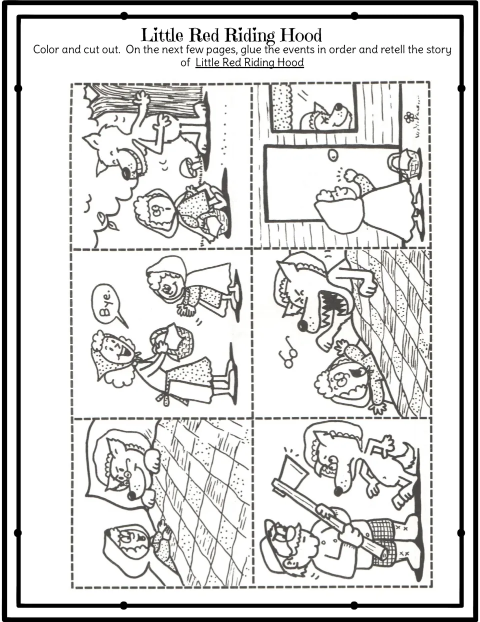 Story picture cards: students color and cut out six scenes, from meeting the wolf to the woodsman with his axe