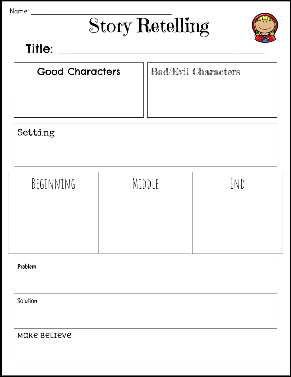 Story elements map: students name the tale, list good and evil characters, setting, B-M-E, problem and solution