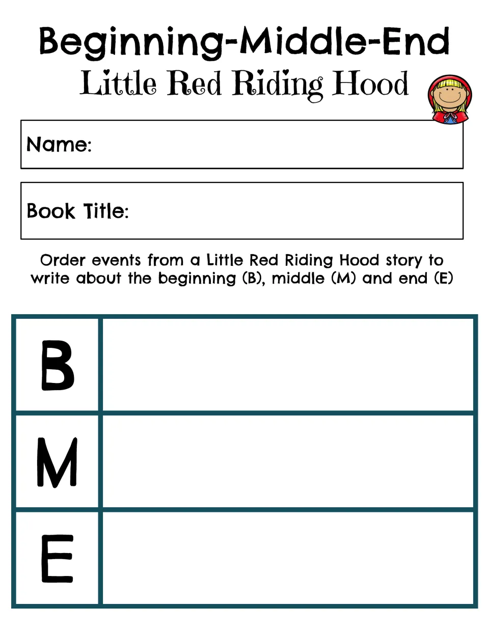 Beginning-middle-end summary: students record the book title and write one event each for B, M and E