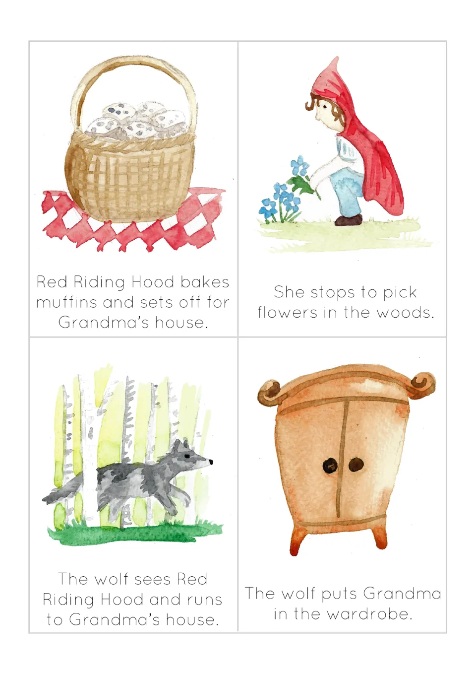 Story sequencing cards: Red Riding Hood bakes muffins, picks flowers, then the wolf runs ahead and hides Grandma