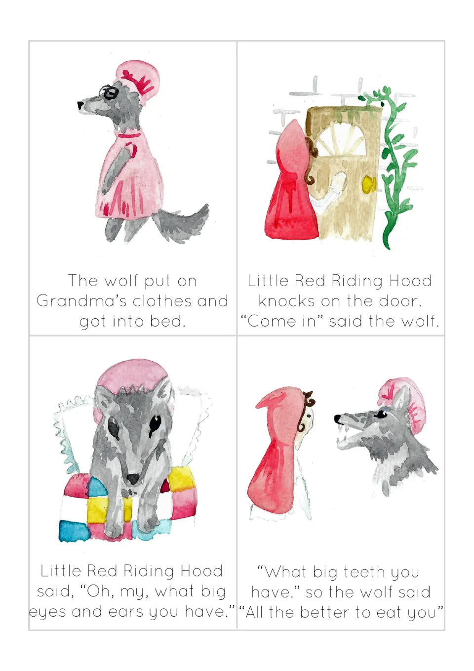 Story sequencing cards: the wolf in Grandma's clothes, a knock at the door, and the big eyes, ears and teeth exchange