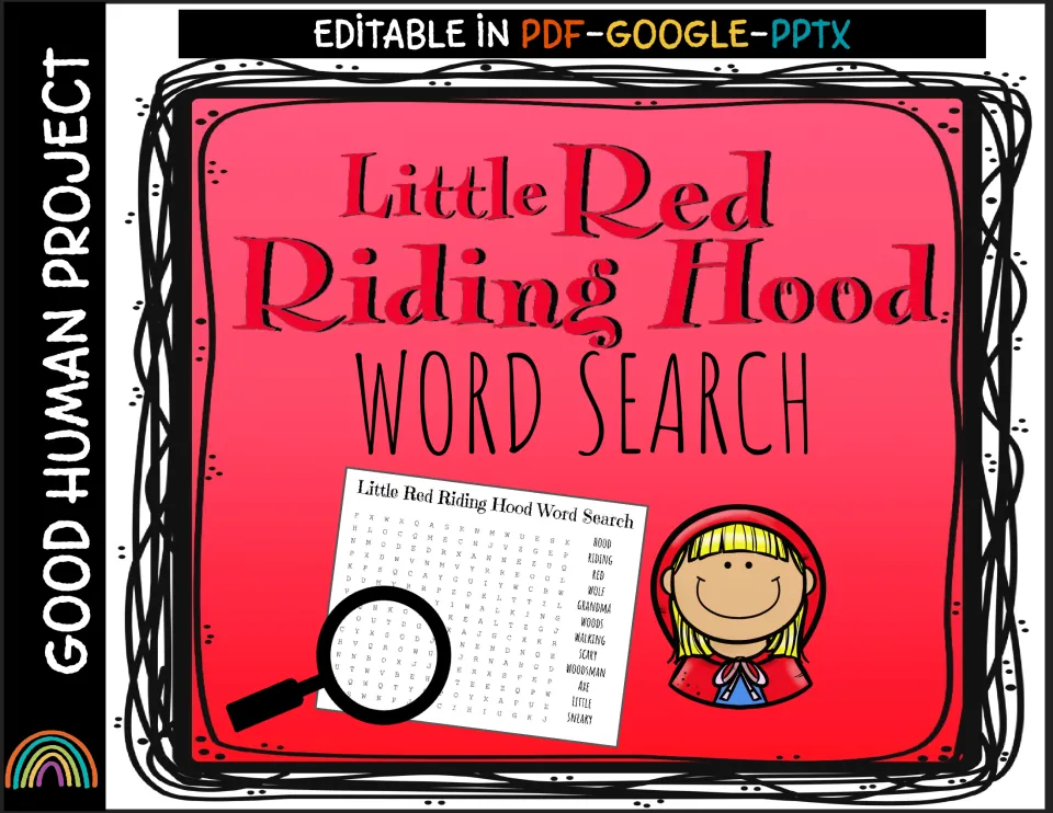 Cover: Little Red Riding Hood Word Search by Good Human Project, editable in PDF, Google and PPTX, with a puzzle preview