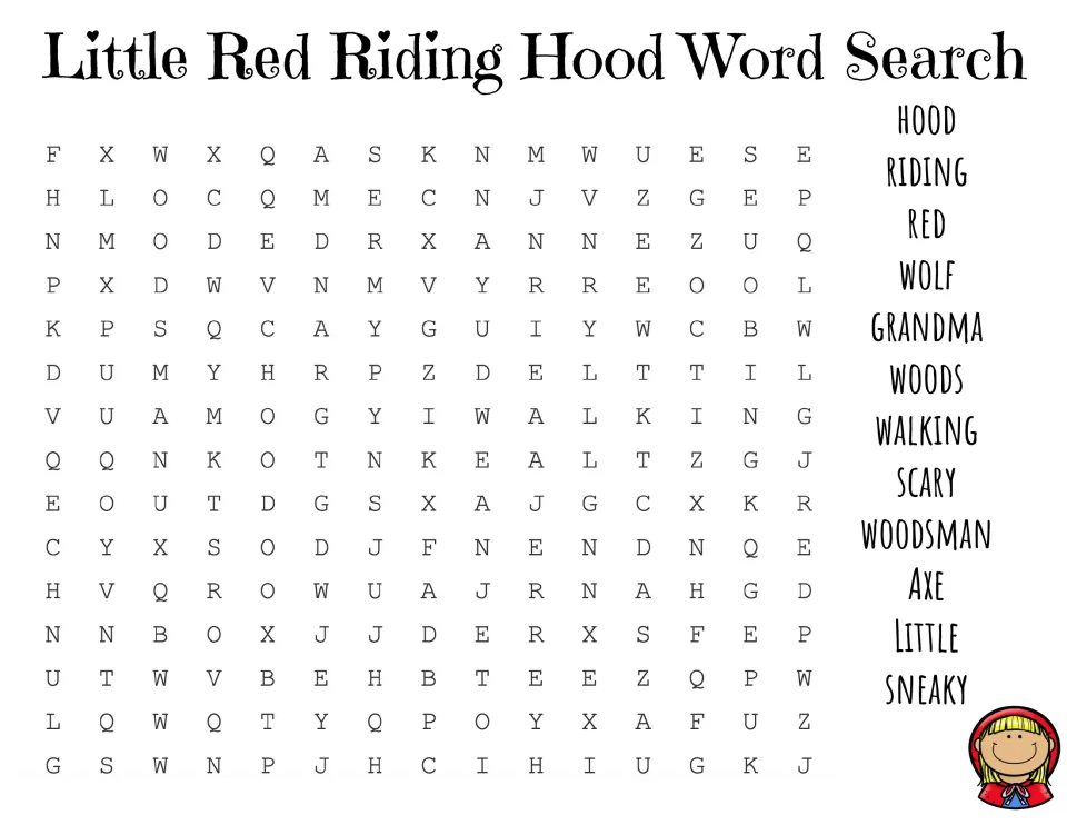 Fairy tale vocabulary hunt: students find 12 story words such as wolf, grandma, woodsman, axe and sneaky in the letters