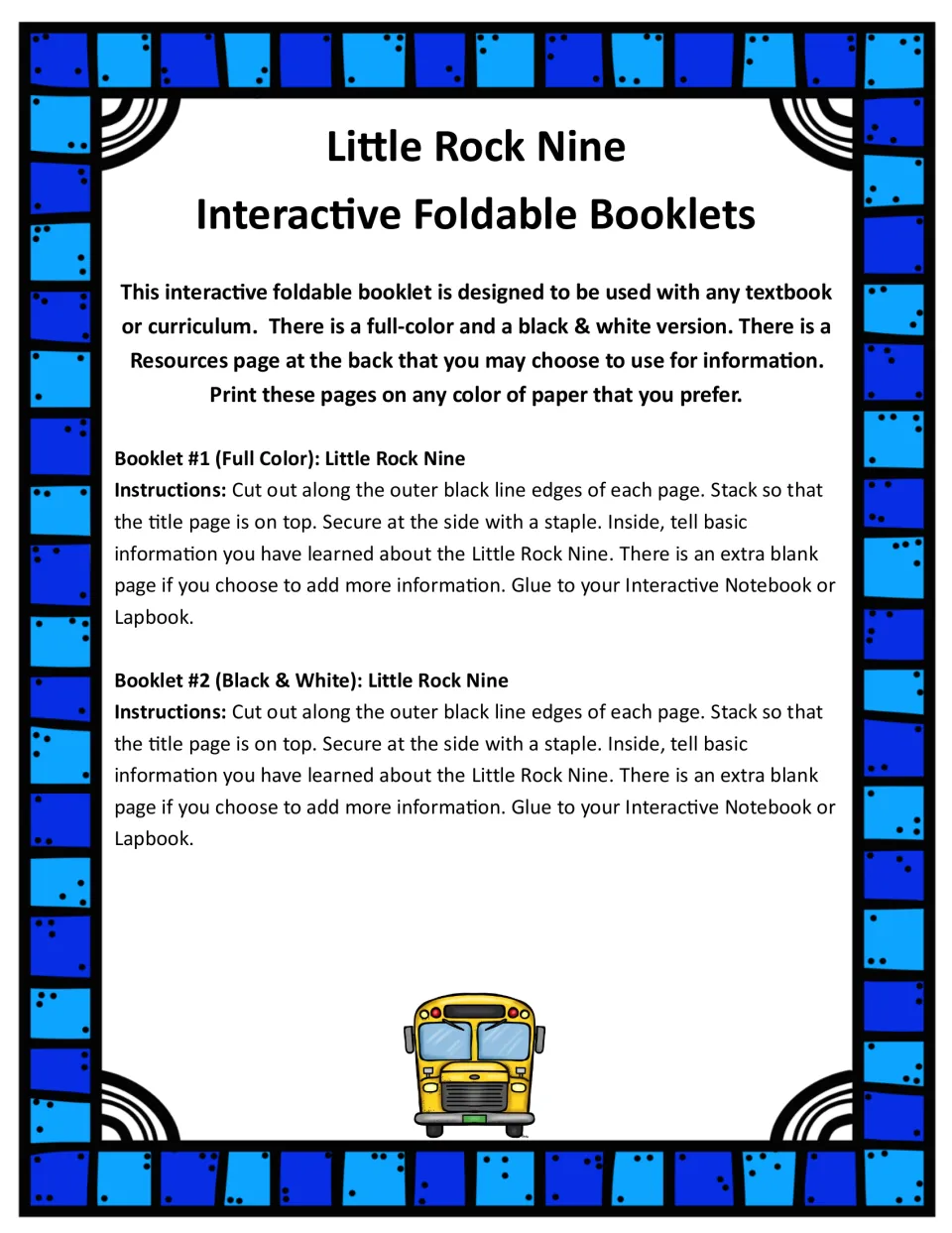 Assembly instructions for both booklet versions: cut out, stack, staple, write facts, and glue into a notebook