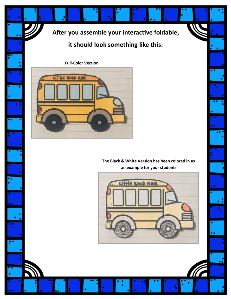 Assembly examples show the completed bus-shaped booklet in full color and a hand-colored black-and-white version