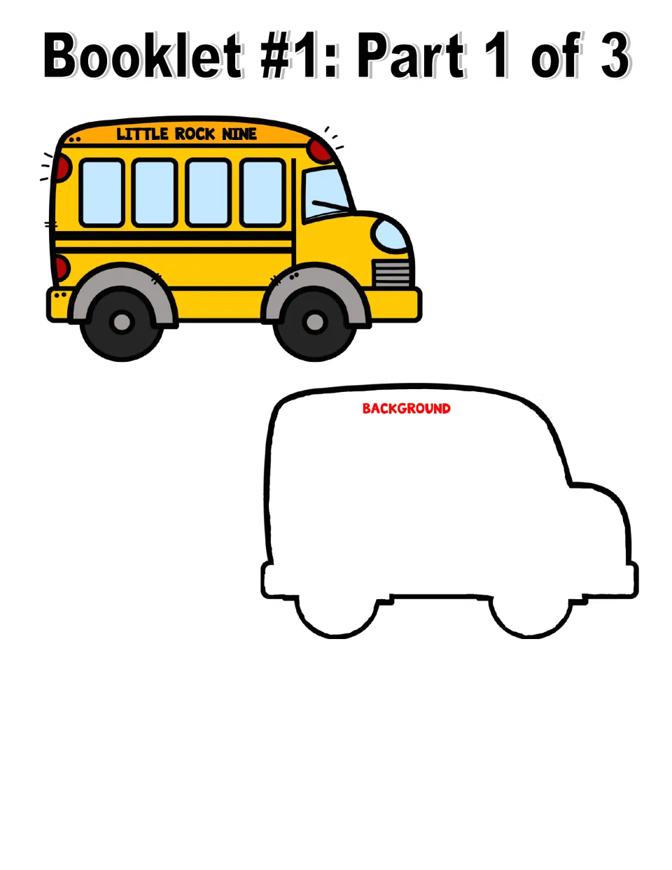 Full-color booklet, part 1 of 3: a yellow bus title cutout and a Background cutout for recording research
