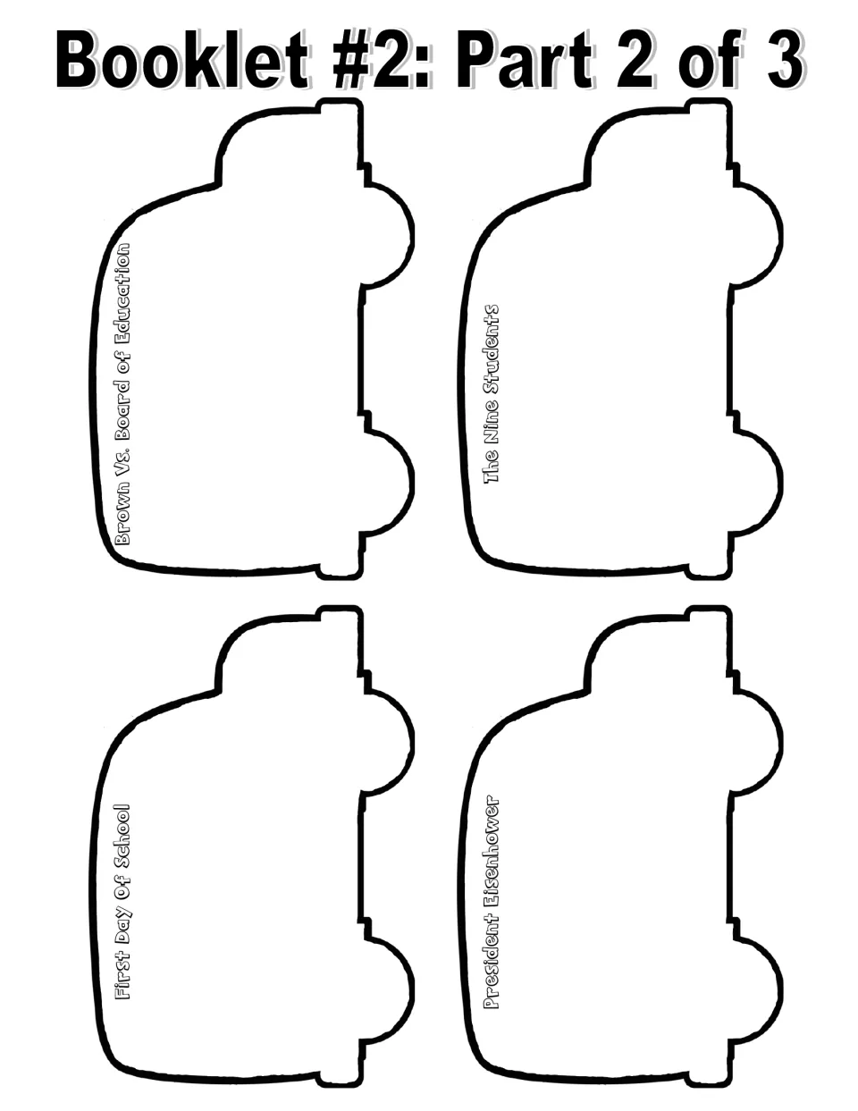 Black-and-white booklet cutouts: Brown vs. Board of Education, The Nine Students, and two more research topics