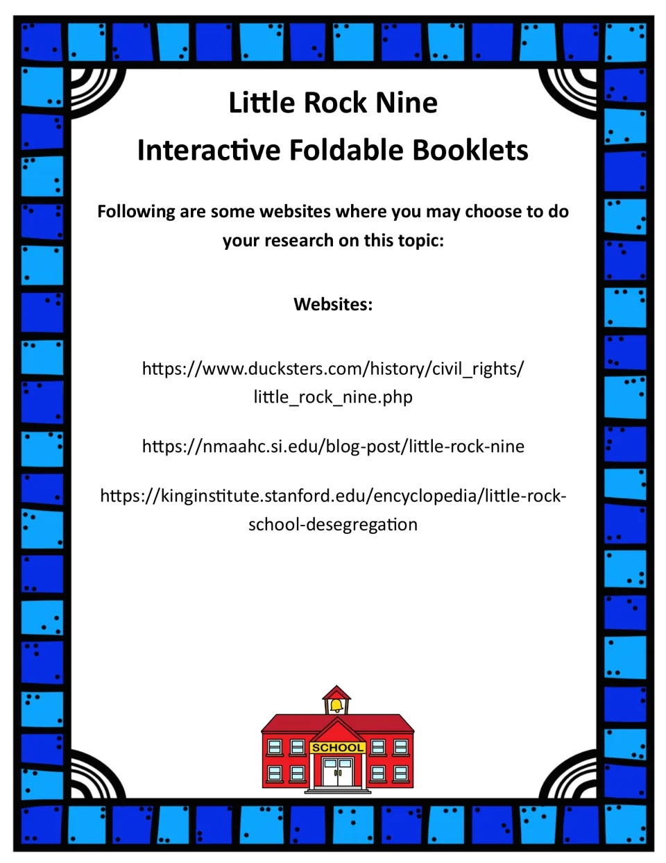 Booklet research resources list websites from Ducksters, the Smithsonian, and Stanford's King Institute