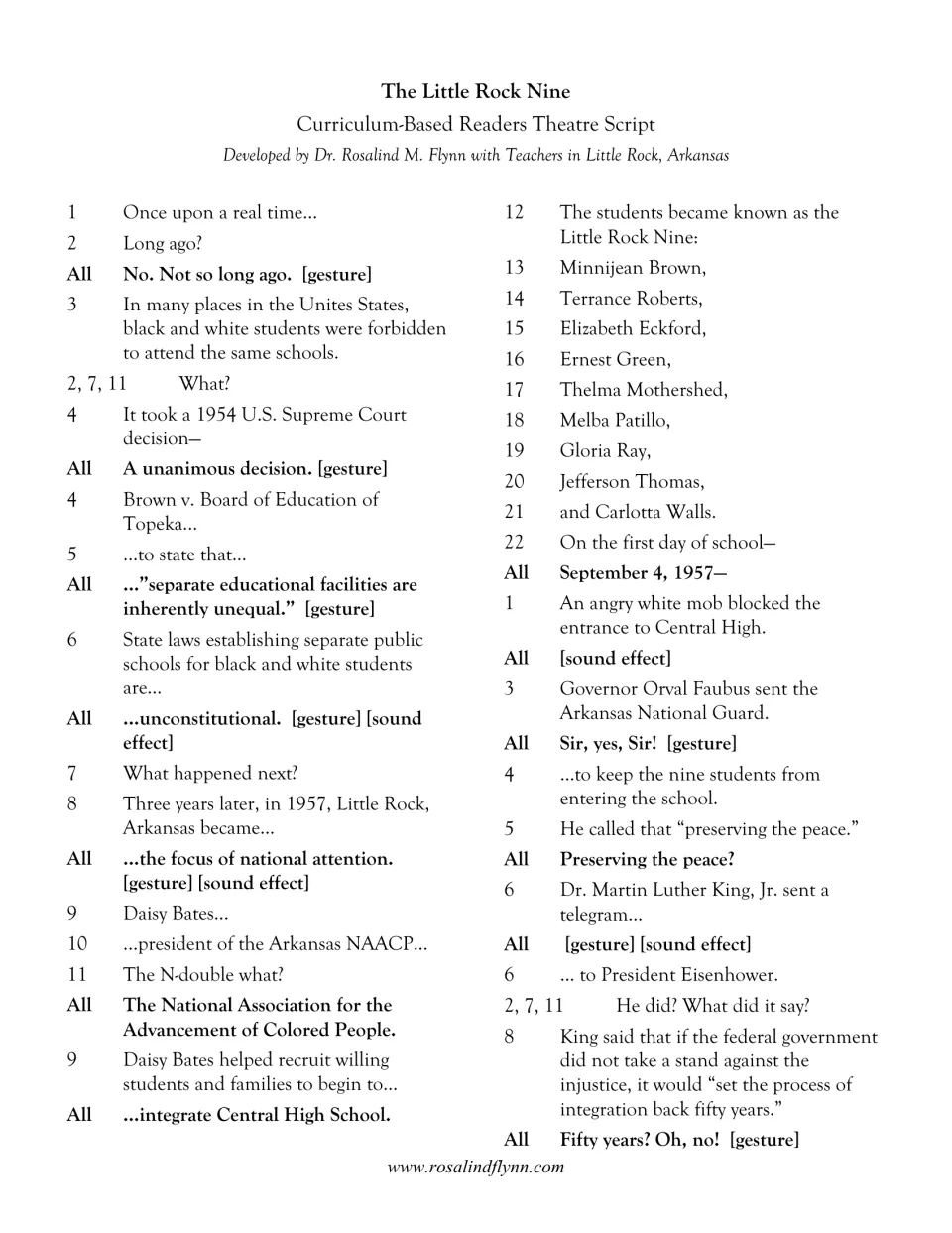 Brown v. Board to the 1957 Central High standoff: numbered readers and an All chorus speak lines with gesture cues