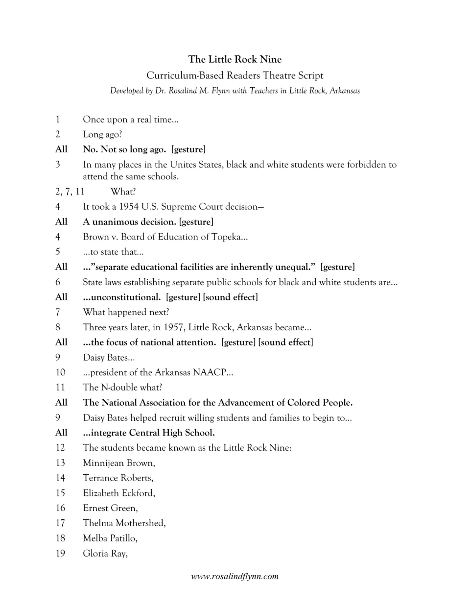 Single-column script opening: Brown v. Board ruling, Daisy Bates and the NAACP, and a roll call of the nine students' names