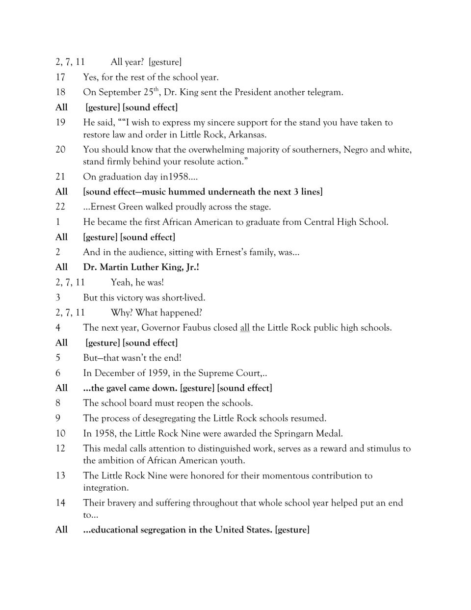 Script ending: King's second telegram, Ernest Green's 1958 graduation, Faubus closing schools and the 1959 court ruling