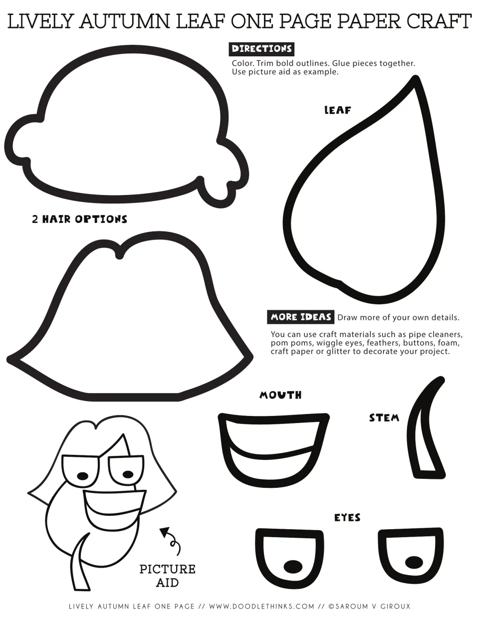 Autumn leaf craft template: students color, trim and glue a leaf, stem, eyes, mouth and one of 2 hair options