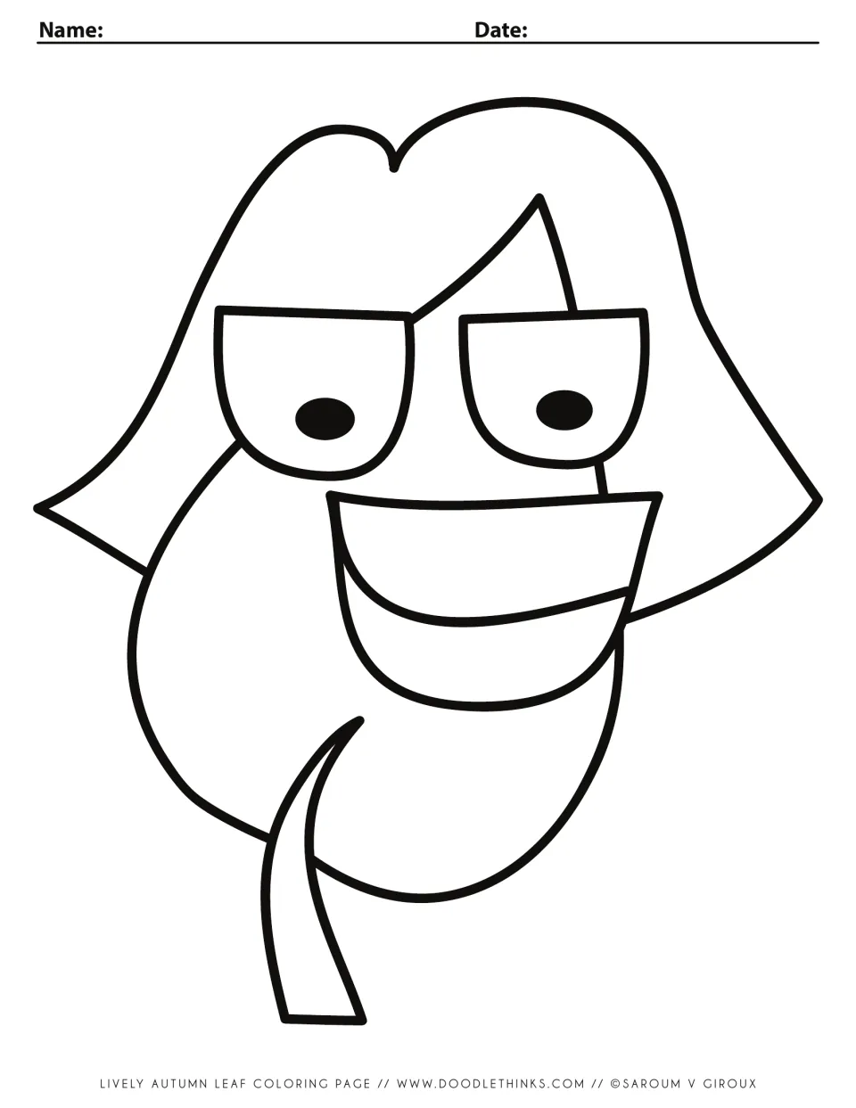 Autumn leaf coloring page: a smiling cartoon leaf with hair, big eyes and a curved stem for students to color in