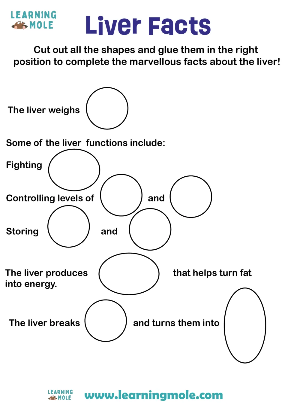 Liver facts cut-and-glue: students complete sentences on the liver's weight, functions, what it produces and breaks down