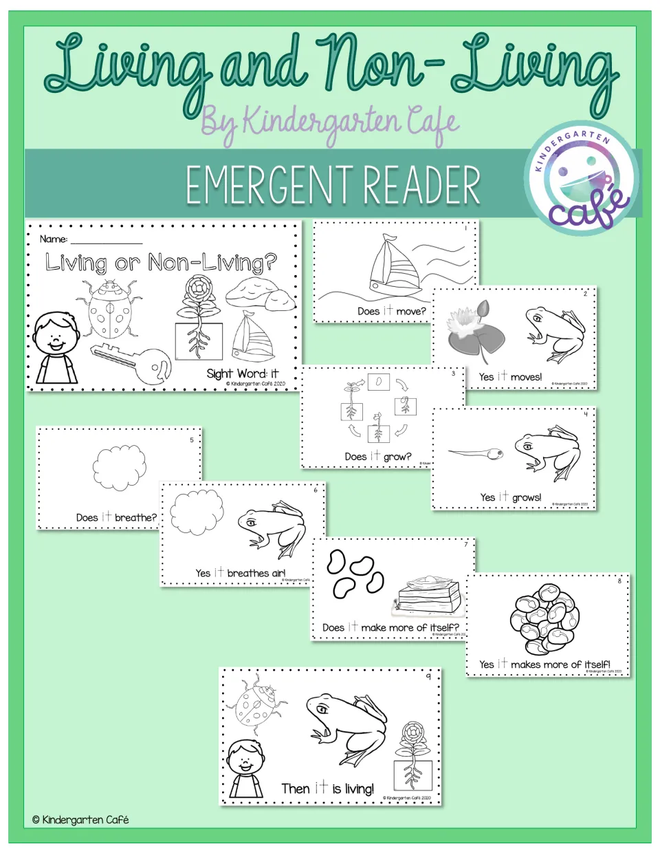 Living and Non-Living Emergent Reader cover showing the title page and pages 1-9 of the mini book with sight word it