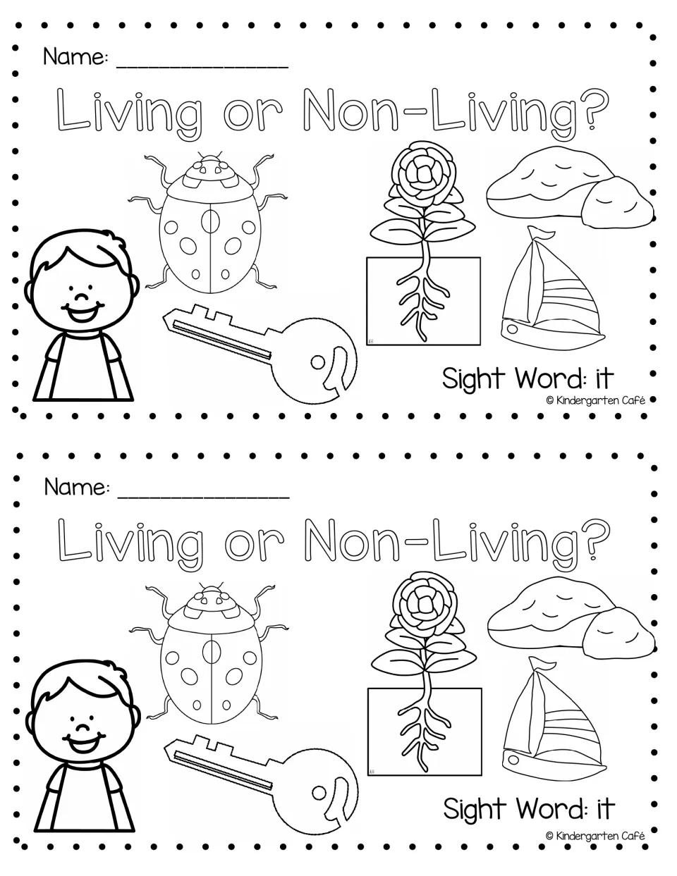 Book cover, Living or Non-Living?, with name line, sight word it, and a boy, ladybug, key, flower, rocks and sailboat