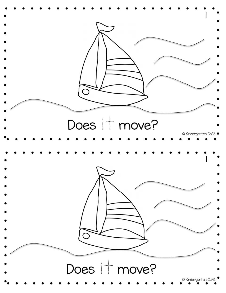 Page 1 of the mini book: a sailboat on waves with the sentence Does it move? and a dotted it for students to trace