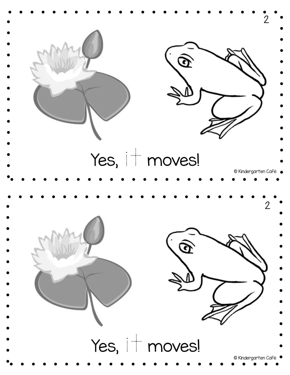Page 2 of the mini book: a frog beside a water lily with the sentence Yes, it moves! and a traceable sight word it