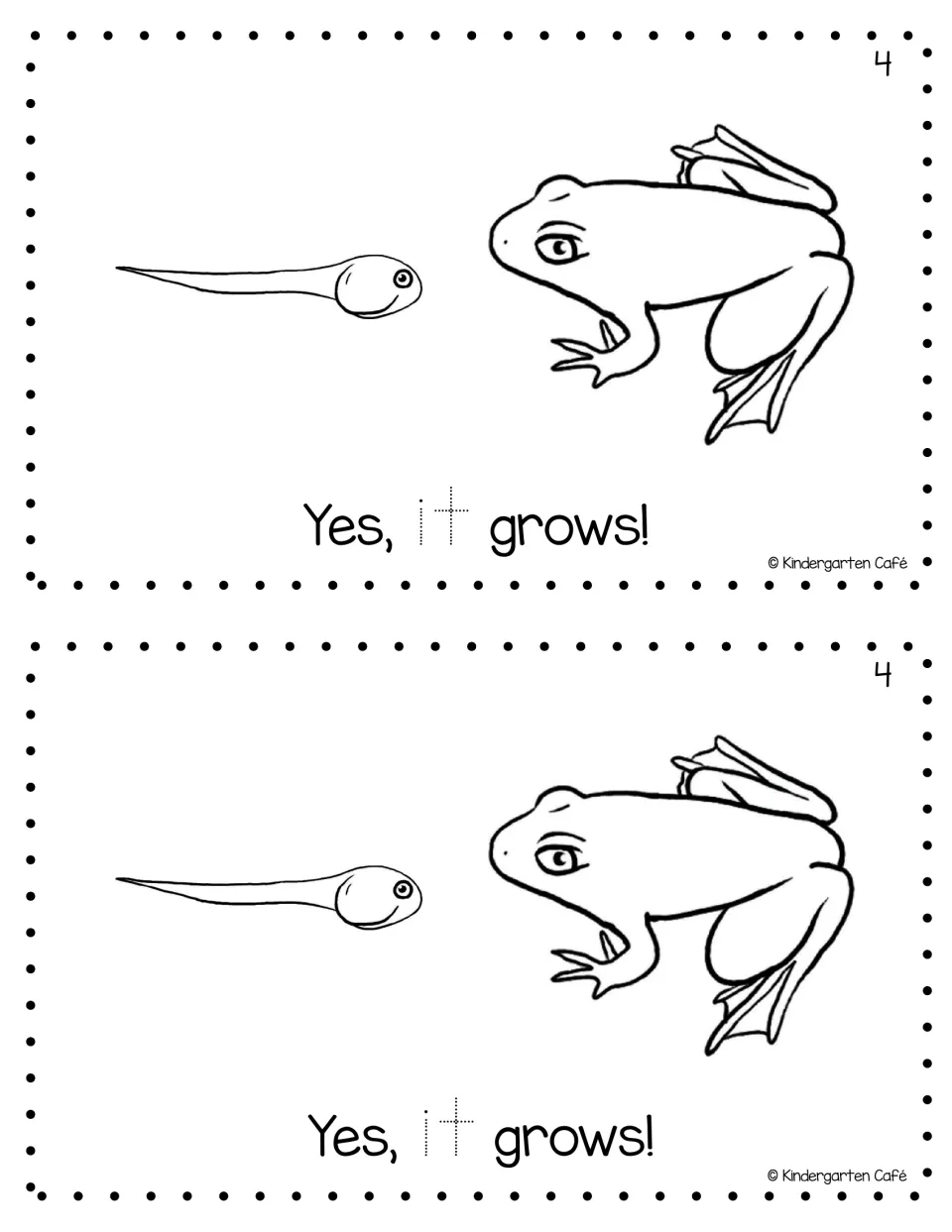 Page 4 of the mini book: a tadpole next to a grown frog with the sentence Yes, it grows! and the sight word it to trace