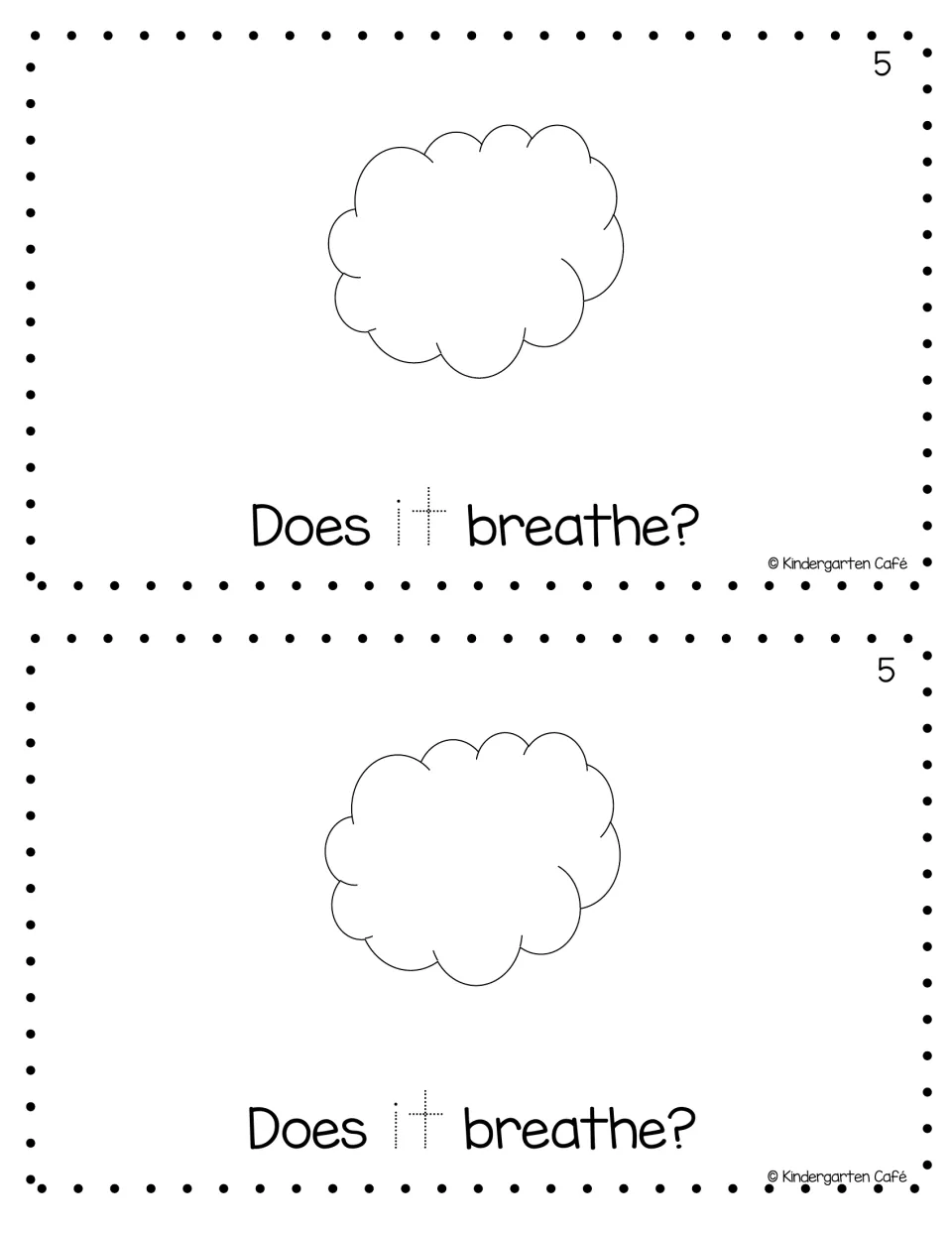 Page 5 of the mini book: a cloud drawing with the question Does it breathe? and a dotted sight word it for tracing