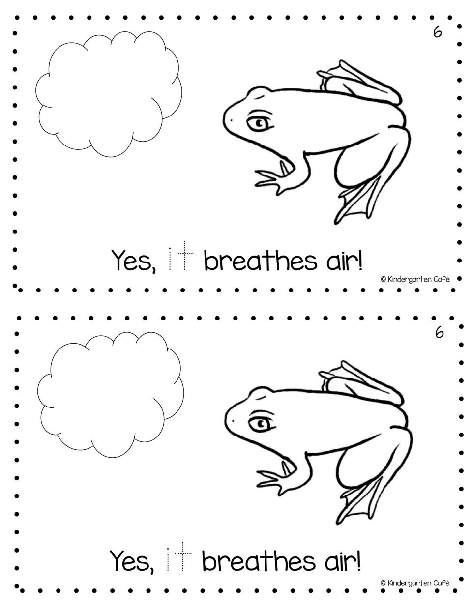 Page 6 of the mini book: a cloud and a frog with the sentence Yes, it breathes air! and the sight word it to trace
