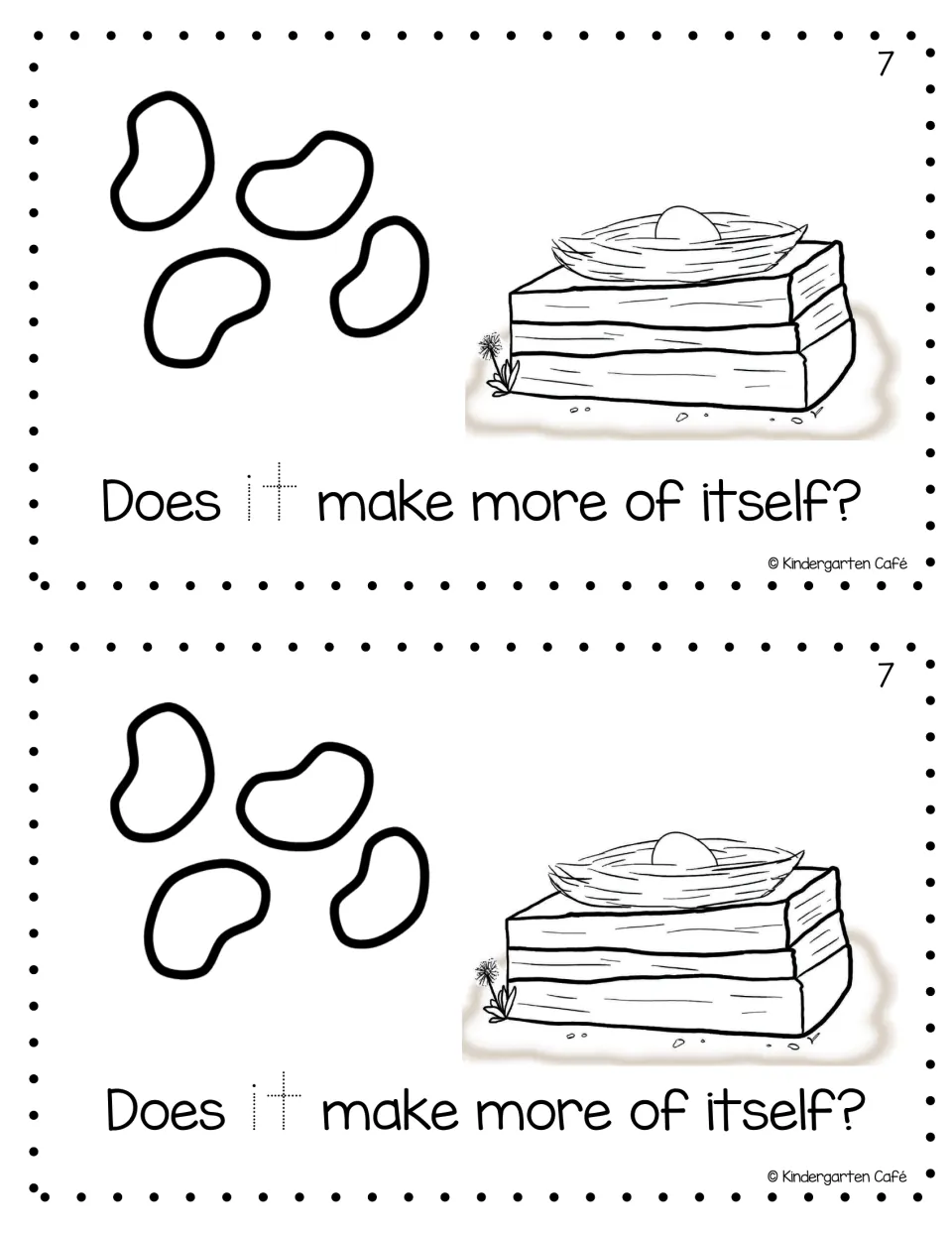Page 7 of the mini book: beans and an egg in a nest with the question Does it make more of itself? and a dotted it