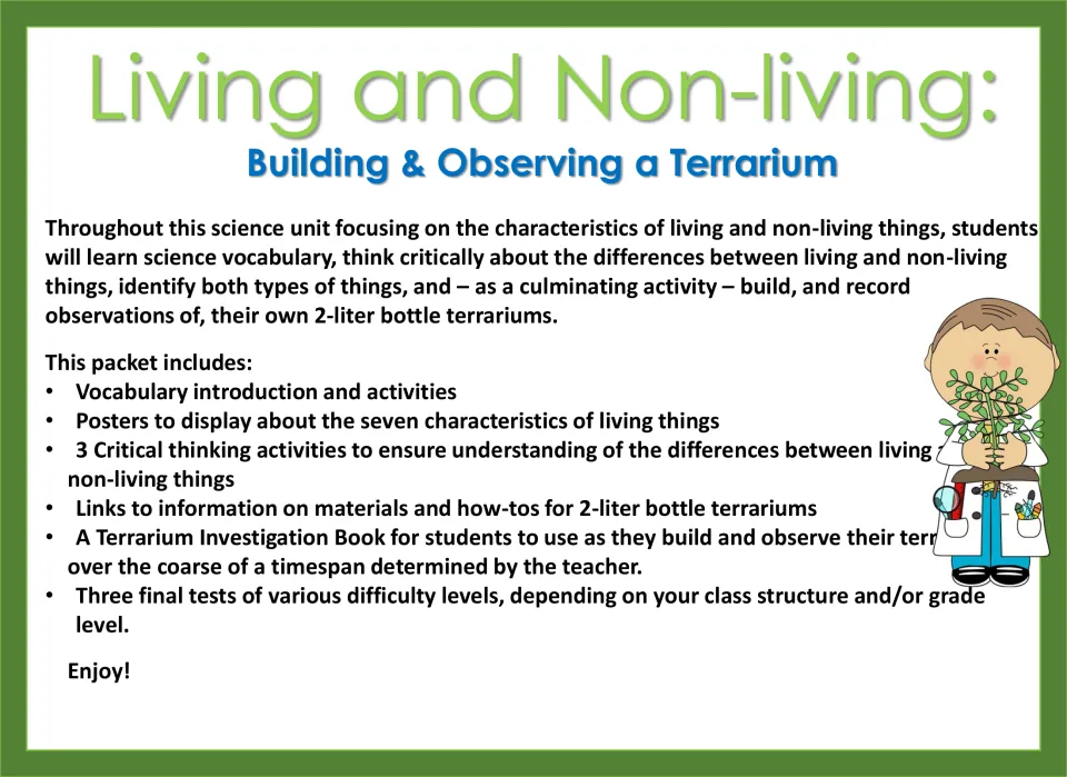 Science unit introduction outlining vocabulary, living things posters, terrarium observations, and tests
