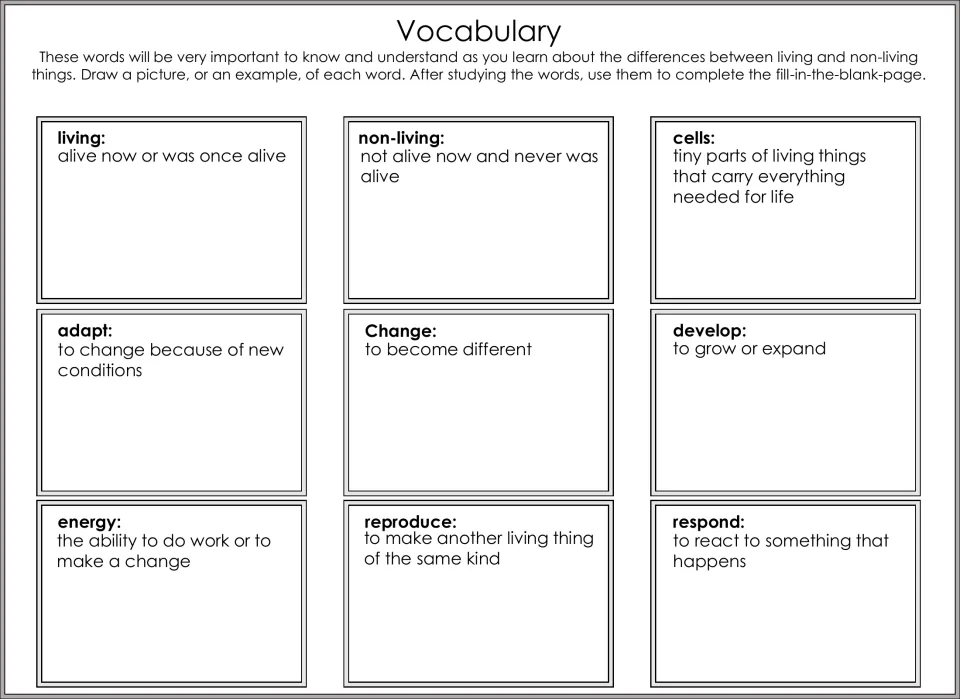 Vocabulary drawing activity defining living, non-living, cells, adapt, change, and four more science terms