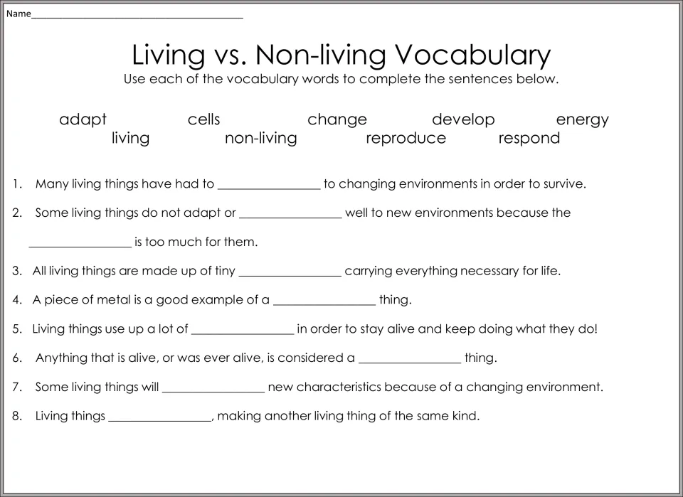 Vocabulary practice with eight sentences about living and non-living things and a nine-word word bank
